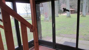 A room with large windows, a tiled floor, and a view of an outdoor area with trees and a building. - Ennenhof (Schneverdingen)