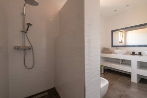 Douche, séchoir à cheveux, serviettes fournies, savon
