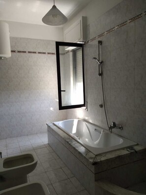Tina, bidet, toallas, papel de baño 