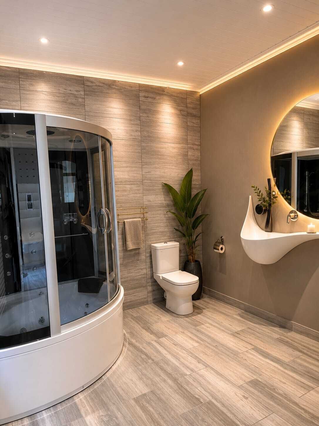 A modern bathroom with a curved shower enclosure, a toilet, and a vanity with a mirror.