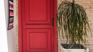 Une porte rouge avec un paillasson, un pot de fleurs et un luminaire fixé au mur.
