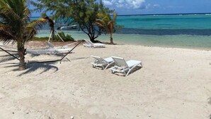Una playa con sillas de descanso blancas y palmeras.