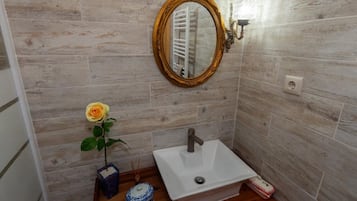 Hair dryer, towels, soap, toilet paper