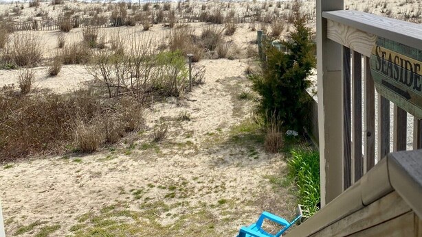 Une vue sur la plage depuis une véranda, avec une pancarte indiquant « BORD DE MER », des dunes de sable et une végétation clairsemée.