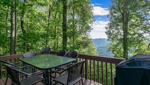 Une terrasse avec une table et des chaises, entourée d’arbres et offrant une vue sur les montagnes.
