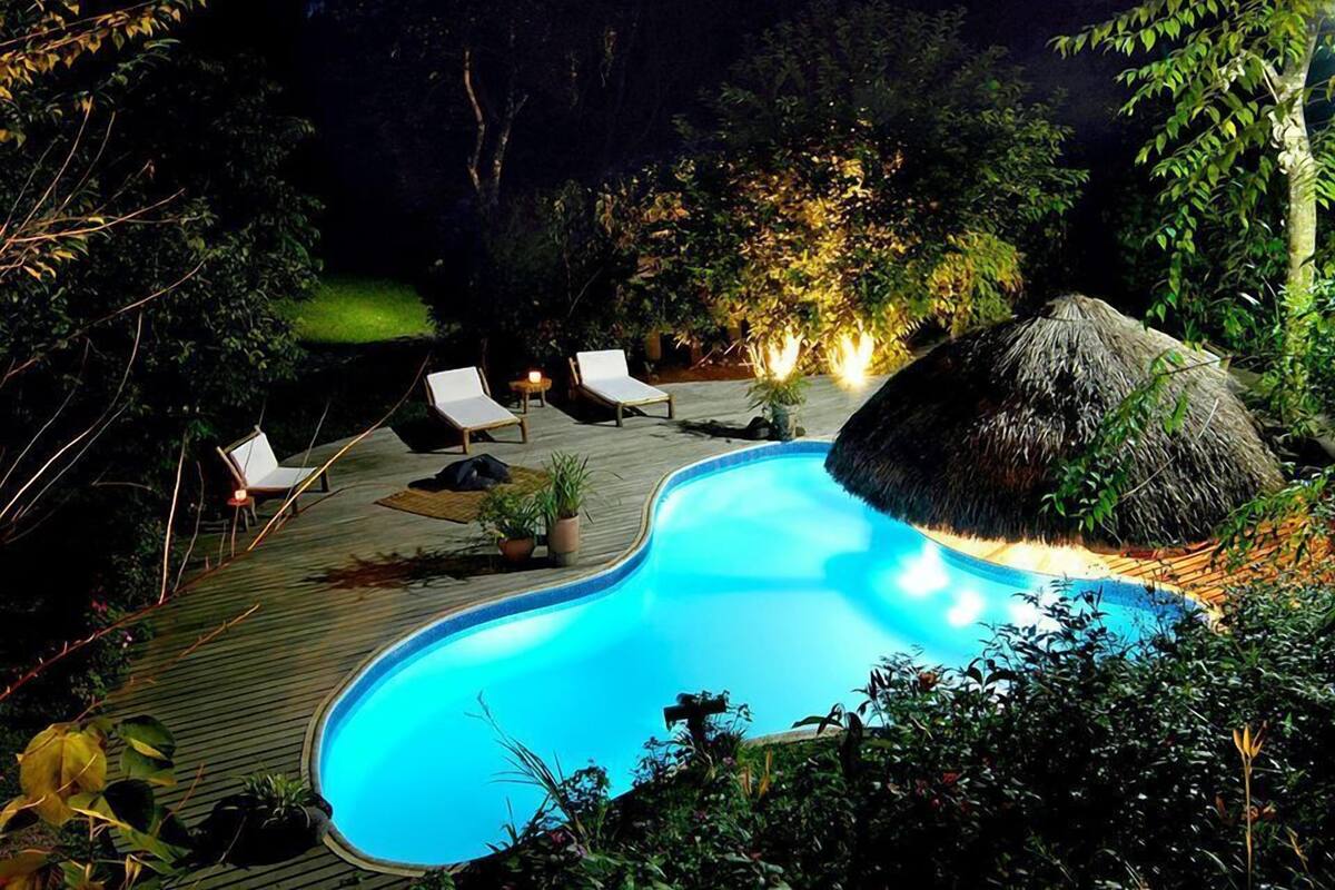 A swimming pool surrounded by lounge chairs and a thatched structure, set in a wooded area.