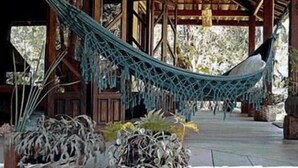 A hammock suspended between wooden beams in a covered area with potted plants. - Hotel Warabi (Resende)