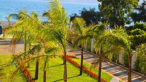 A landscaped garden with palm trees, red flowers, and a view of the sea. - A&G Hotel (Orikum)