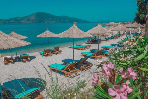 Private beach, sun loungers, beach umbrellas