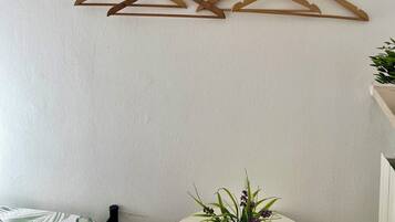 A white wall with a ceiling-mounted shelf and four wooden hangers. Below, a round table with a plant and a decorative mat is visible.