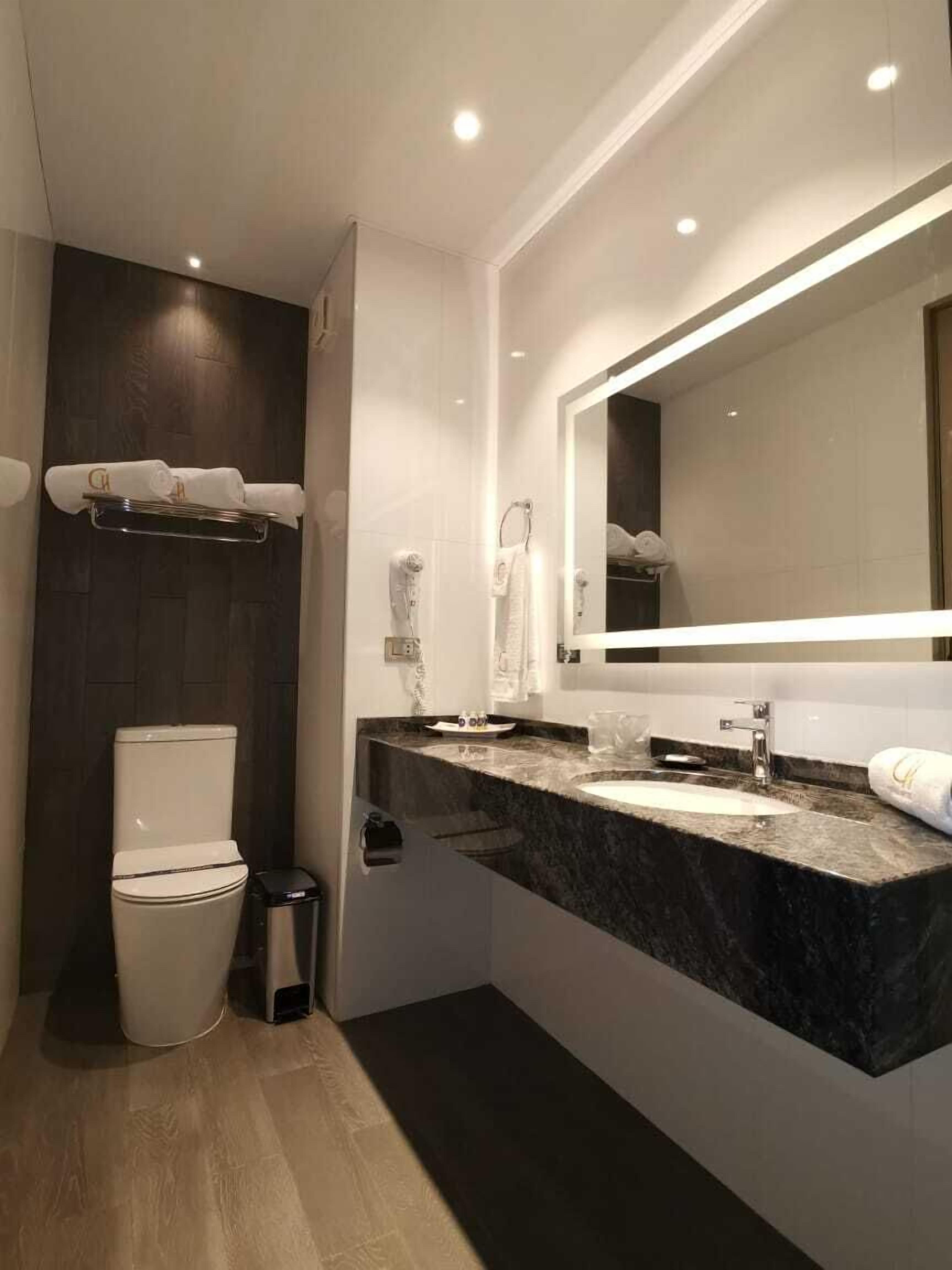 A modern bathroom with a marble countertop, a large mirror, and a toilet.