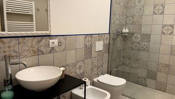 Shower, hair dryer, bidet, towels