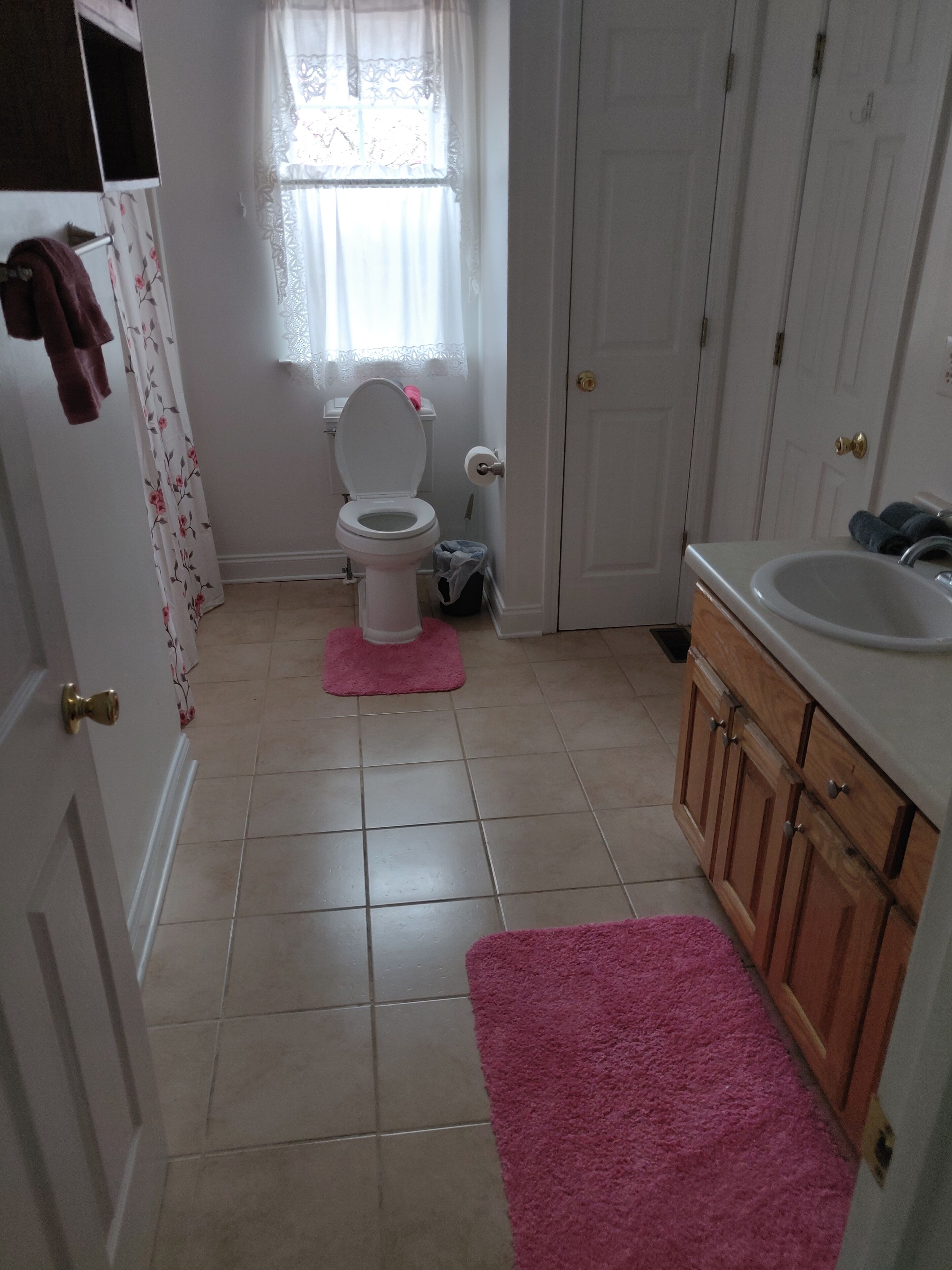 Une salle de bain avec des toilettes, un lavabo et des meubles en bois.