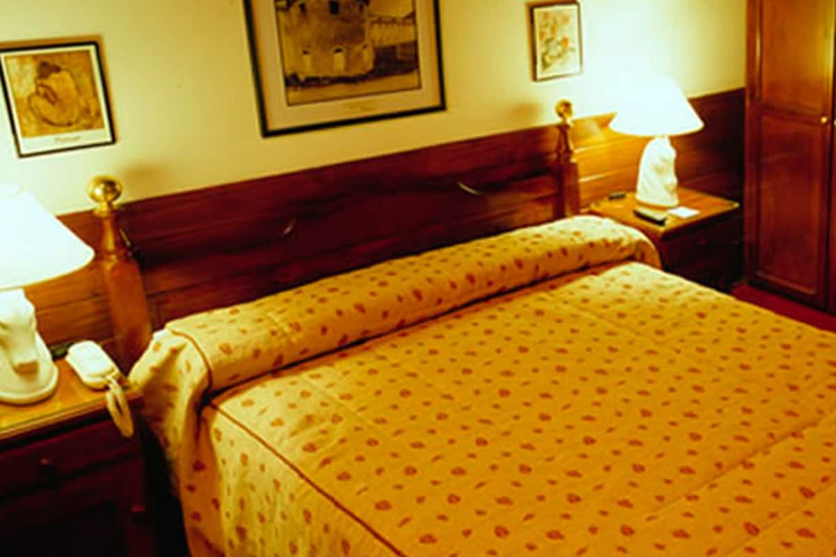 Une chambre d’hôtel comprenant un lit, des tables de chevet, une lampe, un miroir et une salle de bain avec un lavabo et des toilettes.