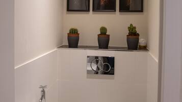 Shower, hair dryer, towels, toilet paper