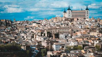 A densely packed urban area with historic buildings and a prominent large building with two spires.
