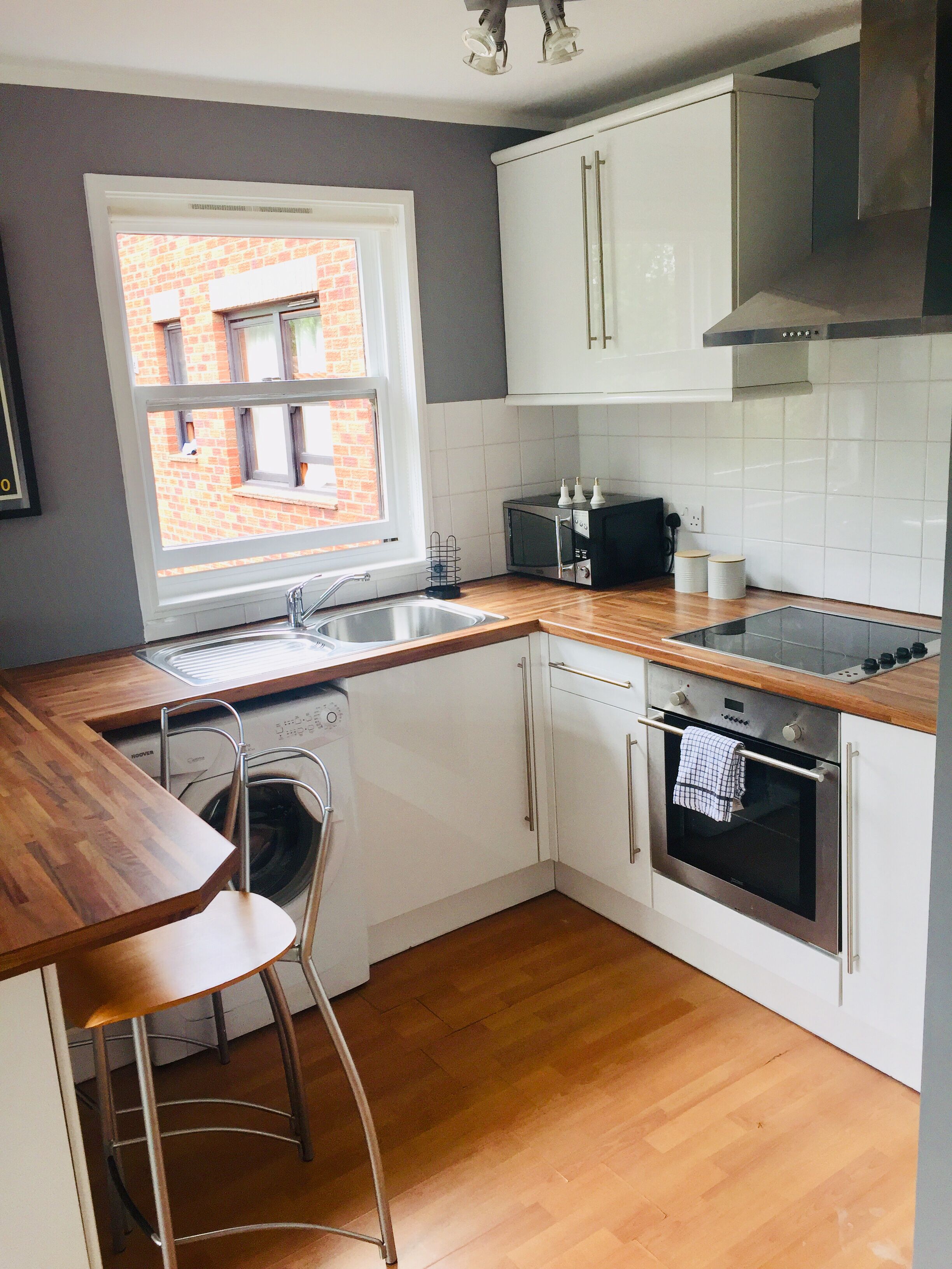 Fridge, microwave, stovetop, cookware/dishes/utensils