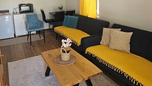 A living room with a sofa, a coffee table, a lamp, a TV, and a small kitchen area. - Beachfront  Rajana bungalow (Doni Štoj)
