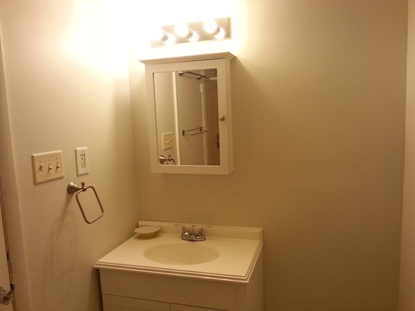 A bathroom with a white sink, mirror, and light fixture.