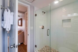 Shower, hair dryer, shampoo