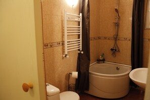 Hair dryer, towels, soap, shampoo