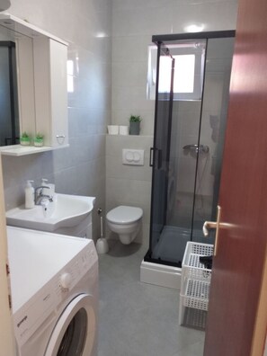 Shower, hair dryer, towels