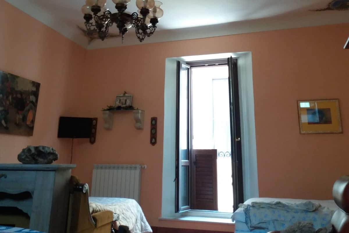 Une pièce avec un plafond décoré de motifs floraux, un lustre, un lit, une fenêtre et un radiateur.
