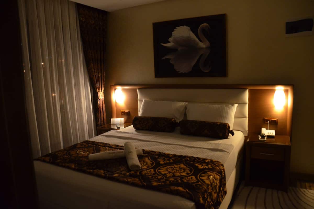 Une chambre d’hôtel avec un grand lit, une tête de lit ornée d’une peinture représentant un cygne, deux lampes de chevet et une couvre-lit à motifs.