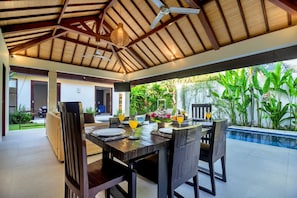 Dining - 5-bedroom private villa in Seminyak, offering daily breakfast, full-time private chef, airport transfers, complimentary massages, housekeeping, and a dedicated driver. (Seminyak)