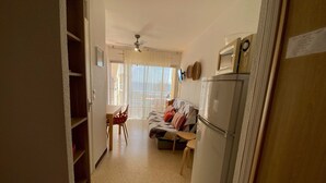A compact living space with a kitchenette, a dining area, and a sofa. - Cozy apartment near Thermes with balcony, pets allowed (Balaruc-les-Bains)