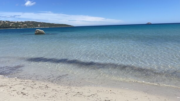 Una playa despejada con una roca grande en el agua, una isla distante y un paisaje montañoso con edificios.