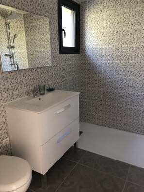 Douche, sèche-cheveux, serviettes fournies, papier toilette