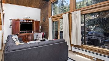 Flat-screen TV, fireplace, DVD player