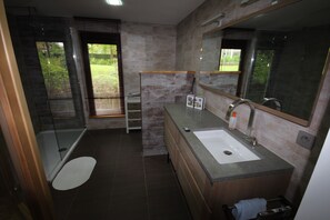 Shower, hair dryer, soap, shampoo