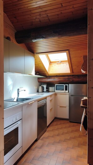 A compact kitchen with a skylight, white cabinets, a stainless steel refrigerator, and a dishwasher.