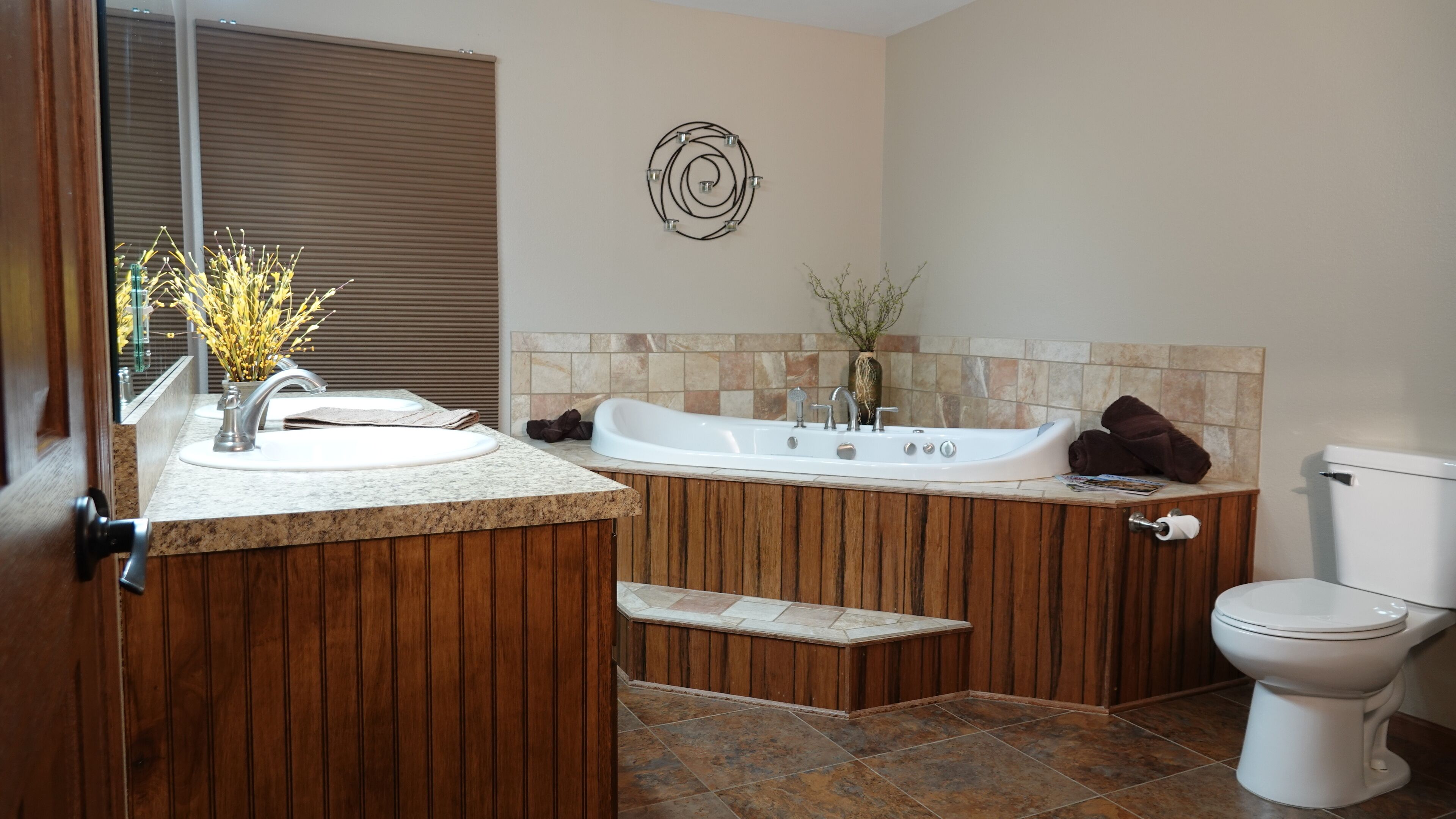 Combined shower/bathtub, jetted bath, hair dryer, towels