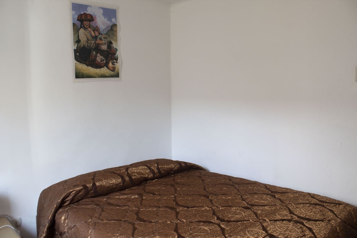 Ein Schlafzimmer mit einer braunen, gemusterten Bettdecke, einer weißen Wand und einem gerahmten Bild über dem Bett.