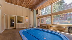 An indoor swimming pool with wooden walls and large windows.