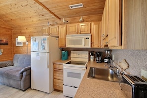 Fridge, microwave, stovetop, cookware/dishes/utensils