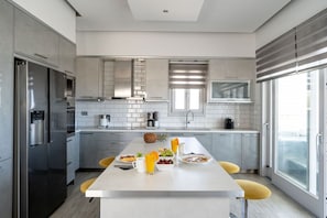 Fridge, microwave, oven, stovetop - VILLA MAKRILIS WITH PRIVATE JACUZZI (santorini)