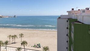 Une plage avec une aire de jeux et des palmiers, offrant une vue sur l’océan et un paysage urbain lointain.