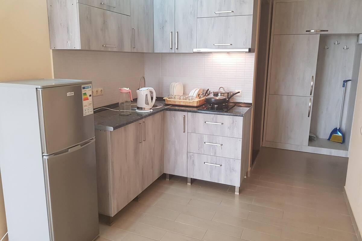 A compact kitchen with a refrigerator, a kettle, a stove, and a sink.