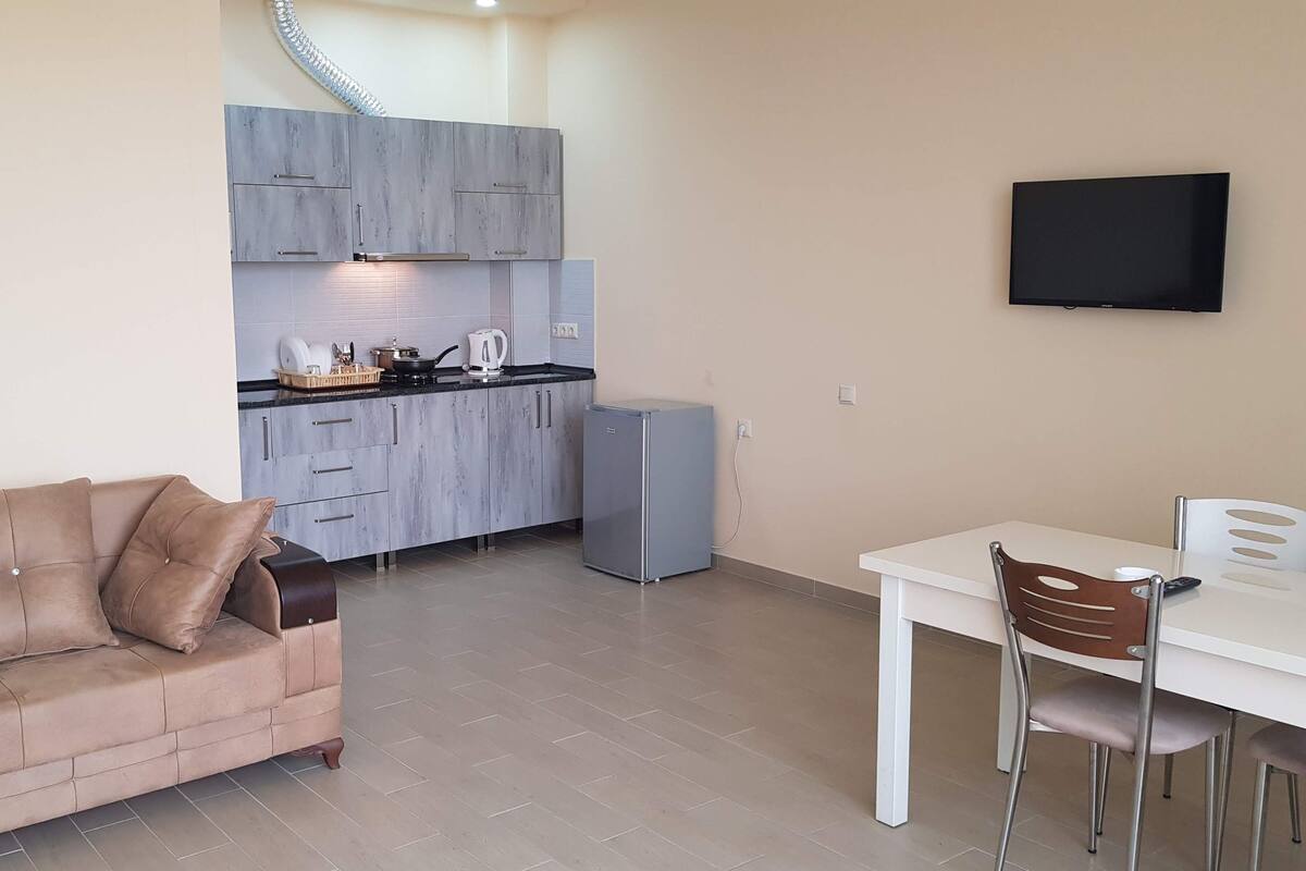 A modern living room with a sofa, a dining table with chairs, a kitchen area with cabinets and appliances, and a flat-screen TV mounted on the wall.
