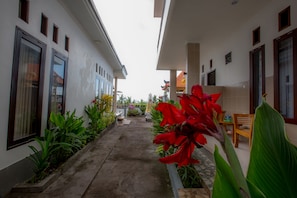 A narrow pathway flanked by buildings with large windows and potted plants.