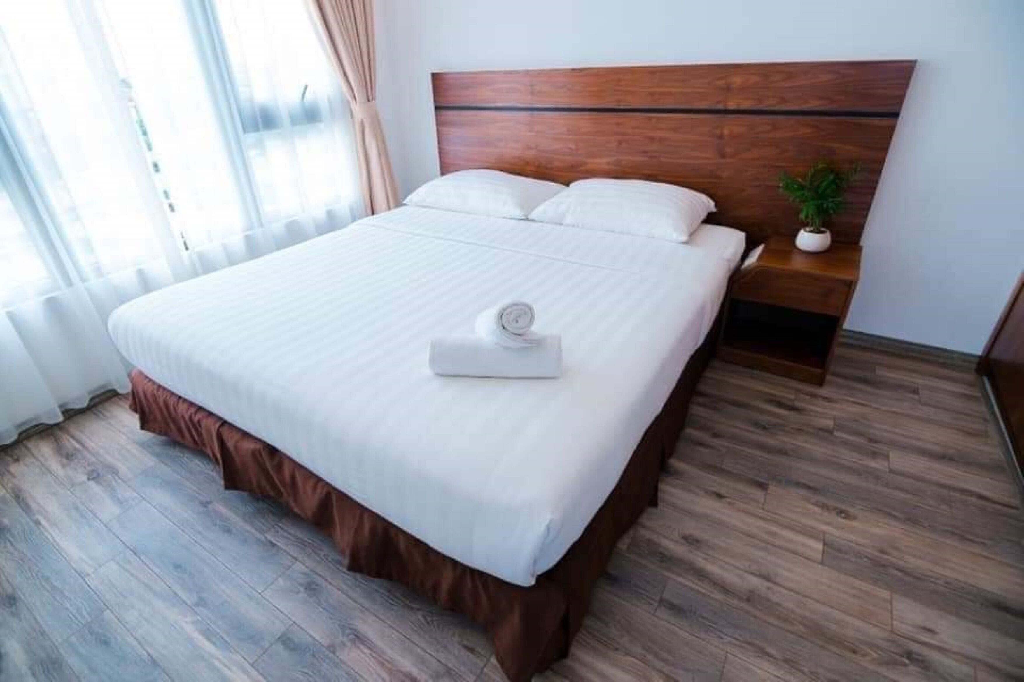 A neatly made bed with a wooden headboard, a small bedside table with a plant, and a window with curtains.