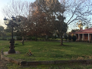 Stroll through a serene, tree-lined lawn surrounded by a traditional brick house with a charming red roof.