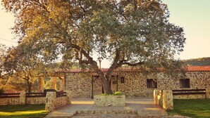 A stone building with a tiled roof, a central courtyard, and a large tree. - Rural house surrounded by mountains with swimming pool, skatepark and children's playground in Llerena (Ribera de los Molinos, Llerena)