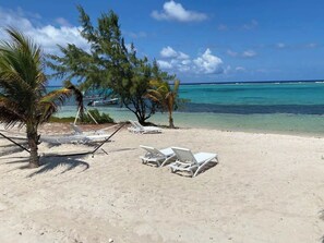 A beach with white lounge chairs, palm trees, and clear turquoise water.
