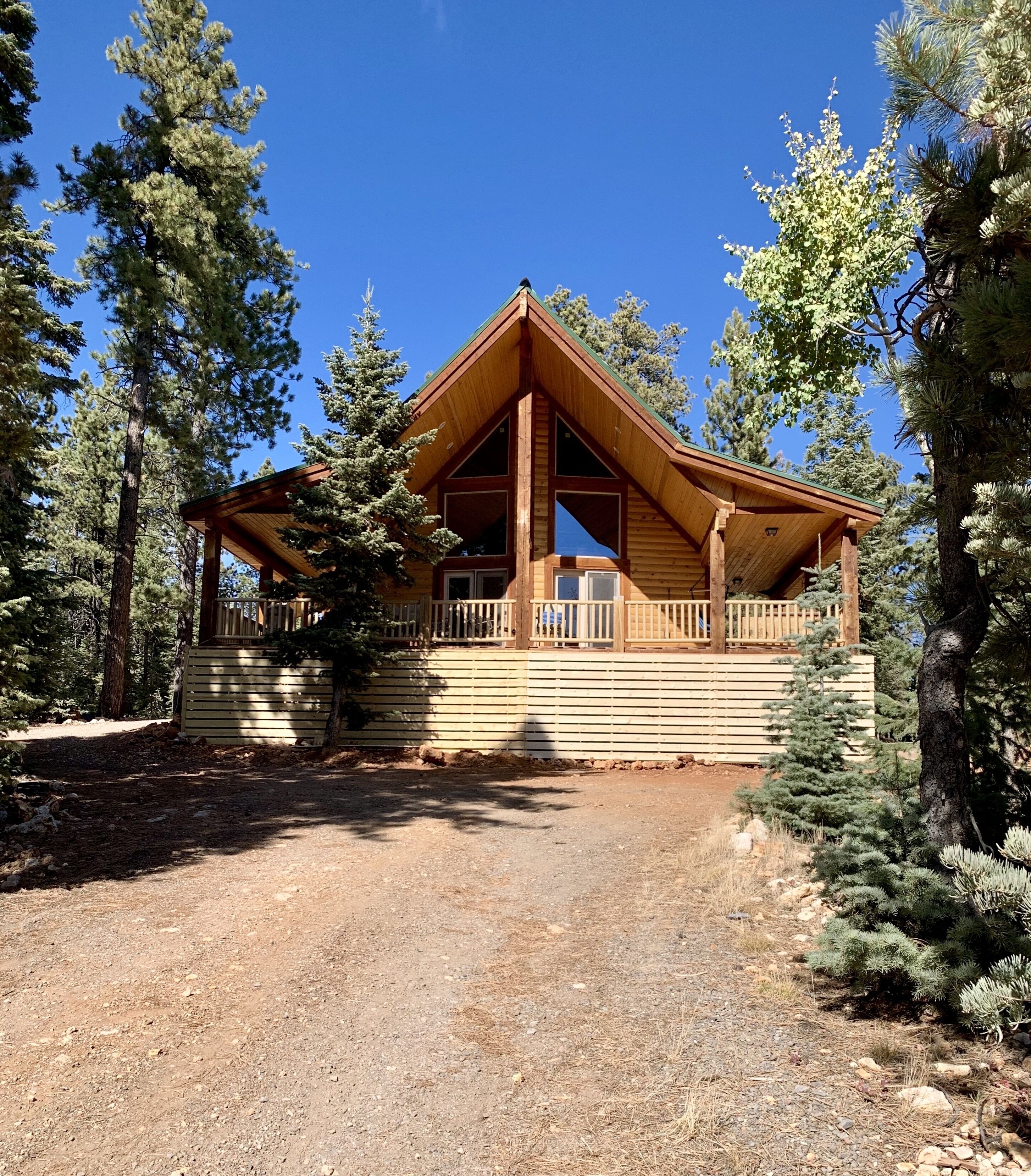 A cabin with a wooden exterior, a porch, and a dirt driveway surrounded by trees.
