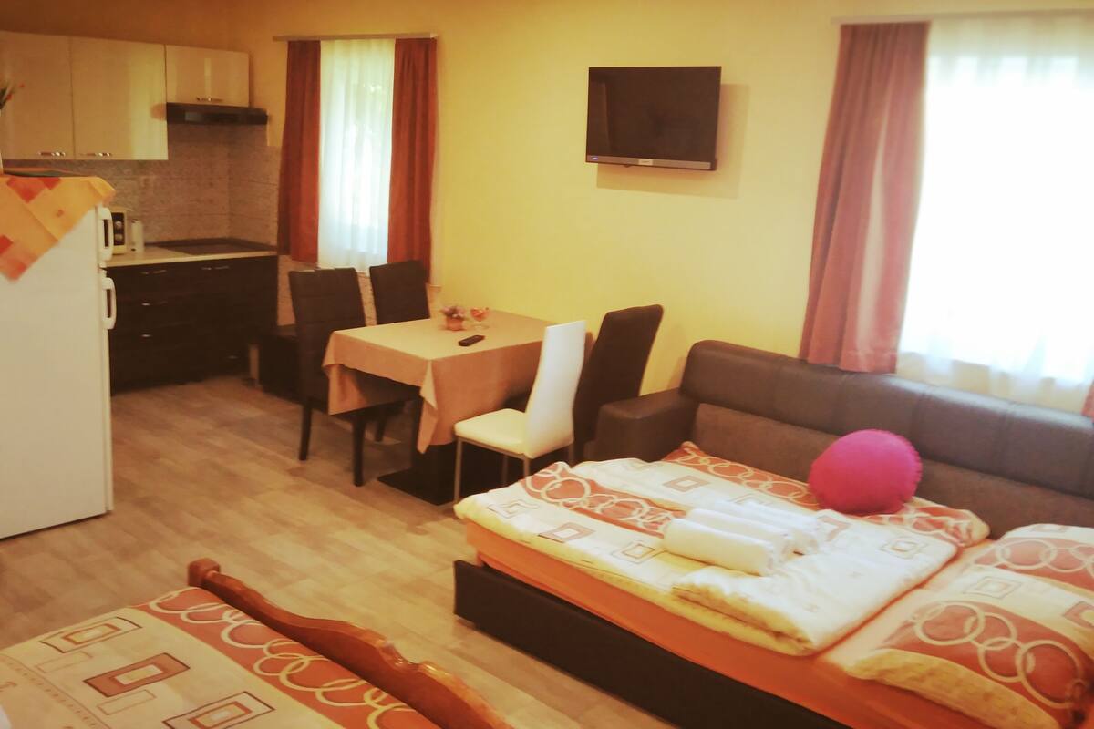 A compact room with a kitchenette, a dining area, and a sofa.